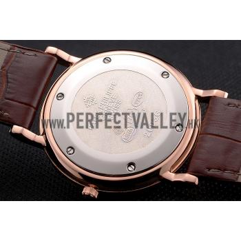 Patek Philippe Calatrava Black Dial Roman Numerals Ribbed Bezel Rose Gold Case Brown Leather Strap