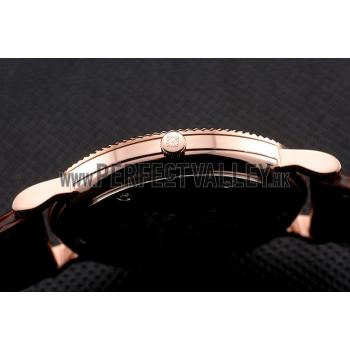 Patek Philippe Calatrava Black Dial Roman Numerals Ribbed Bezel Rose Gold Case Brown Leather Strap