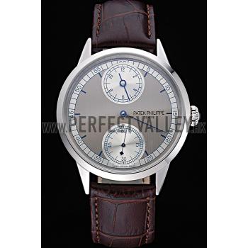 Patek Philippe Geneve Two Dial Gray Dial Stainless Steel Bezel Brown Leather Band  622147