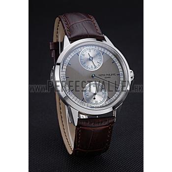 Patek Philippe Geneve Two Dial Gray Dial Stainless Steel Bezel Brown Leather Band  622147