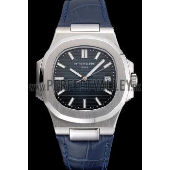 Patek Philippe Nautilus Blue Dial Brushed Stainless Steel Case Blue Leather Strap