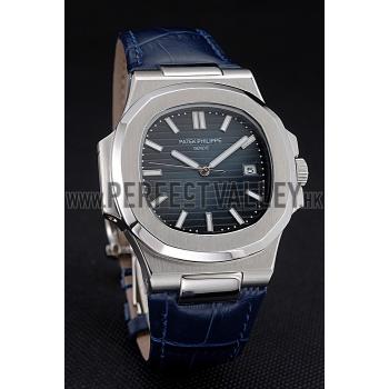 Patek Philippe Nautilus Blue Dial Brushed Stainless Steel Case Blue Leather Strap