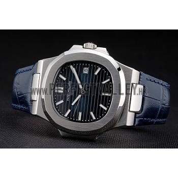 Patek Philippe Nautilus Blue Dial Brushed Stainless Steel Case Blue Leather Strap