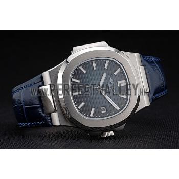 Patek Philippe Nautilus Blue Dial Brushed Stainless Steel Case Blue Leather Strap