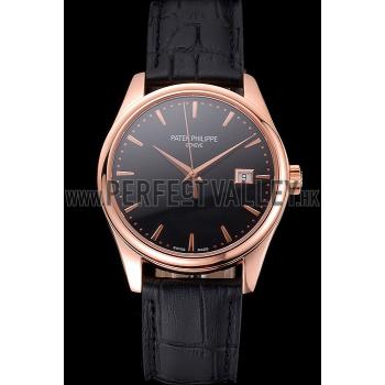 Swiss Patek Philippe Calatrava Black Dial Rose Gold Case Black Leather Strap