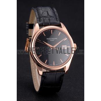 Swiss Patek Philippe Calatrava Black Dial Rose Gold Case Black Leather Strap