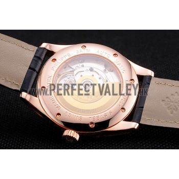 Swiss Patek Philippe Calatrava Black Dial Rose Gold Case Black Leather Strap