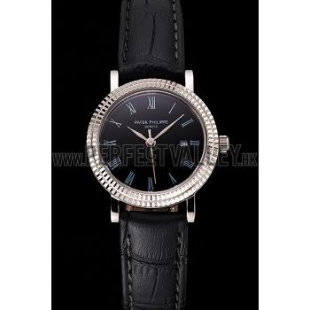 Replica Patek Philippe Calatrava Black Dial Roman Numerals Double Ribbed Bezel Stainless Steel Case Black Leather Strap