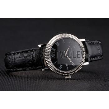 Replica Patek Philippe Calatrava Black Dial Roman Numerals Double Ribbed Bezel Stainless Steel Case Black Leather Strap