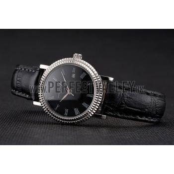 Replica Patek Philippe Calatrava Black Dial Roman Numerals Double Ribbed Bezel Stainless Steel Case Black Leather Strap