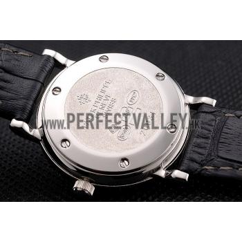 Replica Patek Philippe Calatrava Black Dial Roman Numerals Double Ribbed Bezel Stainless Steel Case Black Leather Strap