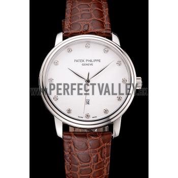 Cheap Patek Philippe Calatrava Date White Dial Stainless Steel Case Brown Leather Strap