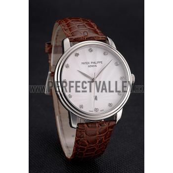 Cheap Patek Philippe Calatrava Date White Dial Stainless Steel Case Brown Leather Strap