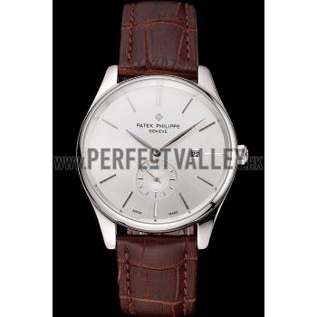 Patek Philippe Calatrava Date Silver Dial Stainless Steel Case Brown Leather Strap