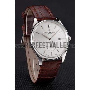 Patek Philippe Calatrava Date Silver Dial Stainless Steel Case Brown Leather Strap