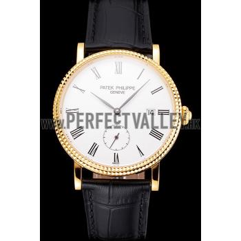 Swiss Patek Philippe Calatrava White Dial Gold Case Fluted Bezel Black Leather Strap Replica