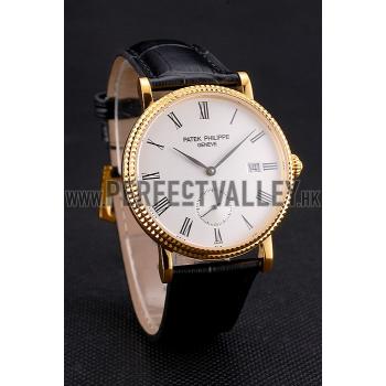 Swiss Patek Philippe Calatrava White Dial Gold Case Fluted Bezel Black Leather Strap Replica