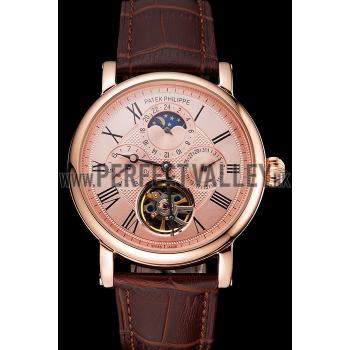 Patek Philippe Grand Complications Moonphase Perpetual Calendar Tourbillon Rose Gold Case And Dial Brown Leather Strap