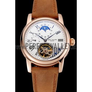 Replica Patek Philippe Grand Complications GMT Moonphase Tourbillon White Dial Rose Gold Case Brown Suede Leather Strap 1453819