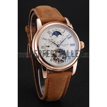 Replica Patek Philippe Grand Complications GMT Moonphase Tourbillon White Dial Rose Gold Case Brown Suede Leather Strap 1453819