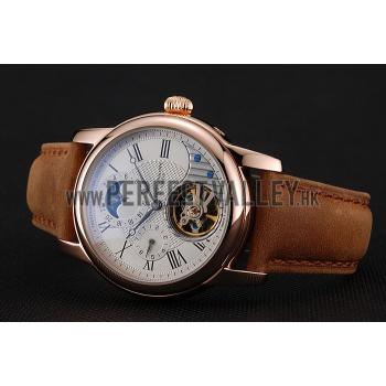 Replica Patek Philippe Grand Complications GMT Moonphase Tourbillon White Dial Rose Gold Case Brown Suede Leather Strap 1453819