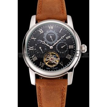 Patek Philippe Grand Complications Day Date Tourbillon Black Dial Numerals Stainless Steel Case Brown Suede Leather Strap 1453816 Replica