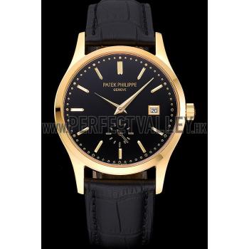 Cheap Patek Philippe Calatrava Black Dial Gold Case Black Leather Strap  622845