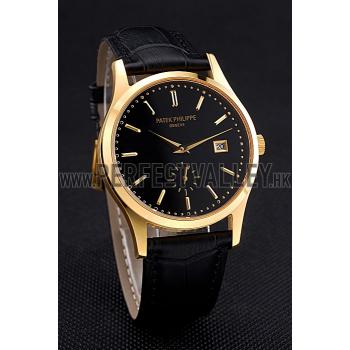 Cheap Patek Philippe Calatrava Black Dial Gold Case Black Leather Strap  622845