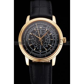 Swiss Patek Philippe Multi-Scale Chronograph Black Dial Gold Case Black Leather Strap