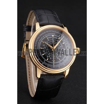 Swiss Patek Philippe Multi-Scale Chronograph Black Dial Gold Case Black Leather Strap