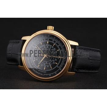 Swiss Patek Philippe Multi-Scale Chronograph Black Dial Gold Case Black Leather Strap