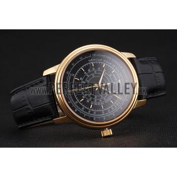 Swiss Patek Philippe Multi-Scale Chronograph Black Dial Gold Case Black Leather Strap