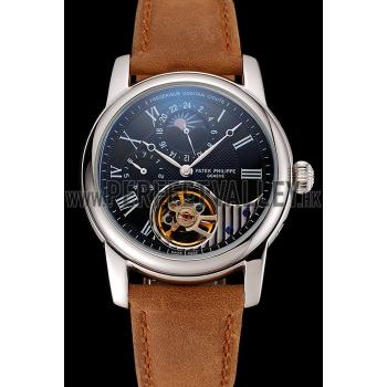 Patek Philippe Grand Complications GMT Moonphase Tourbillon Black Dial Stainless Steel Case Brown Suede Leather Strap 1453822