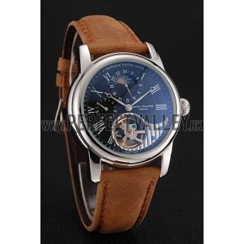 Patek Philippe Grand Complications GMT Moonphase Tourbillon Black Dial Stainless Steel Case Brown Suede Leather Strap 1453822