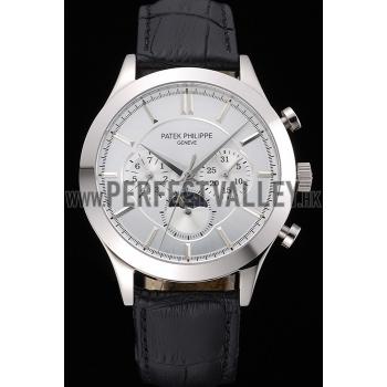 Patek Philippe Moonphase Chronograph White Dial Stainless Steel Case Black Leather Strap  622841