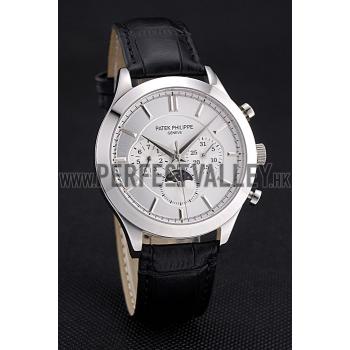 Patek Philippe Moonphase Chronograph White Dial Stainless Steel Case Black Leather Strap  622841