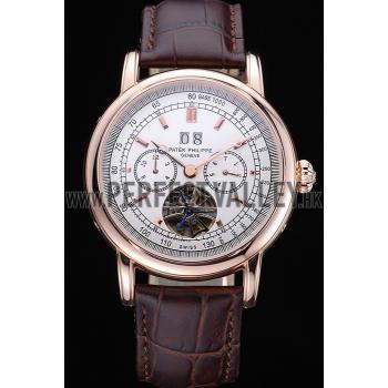 Cheap Patek Philippe Geneve Grand Complications White Dial Tourbillon Rose Gold Bezel Brown Band  622156