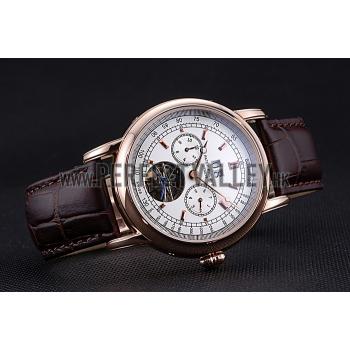 Cheap Patek Philippe Geneve Grand Complications White Dial Tourbillon Rose Gold Bezel Brown Band  622156