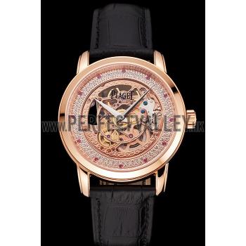 Swiss Piaget Altiplano Rose Gold Skeleton Dial With Diamonds Rose Gold Case Black Leather Strap