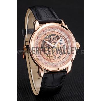 Swiss Piaget Altiplano Rose Gold Skeleton Dial With Diamonds Rose Gold Case Black Leather Strap