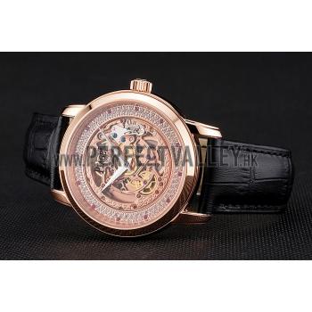 Swiss Piaget Altiplano Rose Gold Skeleton Dial With Diamonds Rose Gold Case Black Leather Strap