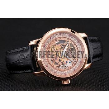 Swiss Piaget Altiplano Rose Gold Skeleton Dial With Diamonds Rose Gold Case Black Leather Strap