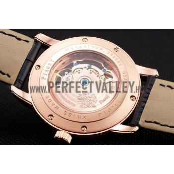 Swiss Piaget Altiplano Rose Gold Skeleton Dial With Diamonds Rose Gold Case Black Leather Strap