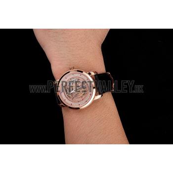 Swiss Piaget Altiplano Rose Gold Skeleton Dial With Diamonds Rose Gold Case Black Leather Strap