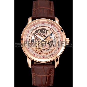 Replica Swiss Piaget Altiplano Rose Gold Skeleton Dial With Diamonds Rose Gold Case Brown Leather Strap