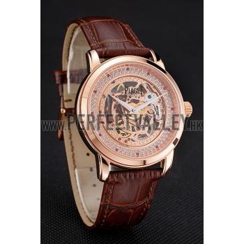 Replica Swiss Piaget Altiplano Rose Gold Skeleton Dial With Diamonds Rose Gold Case Brown Leather Strap