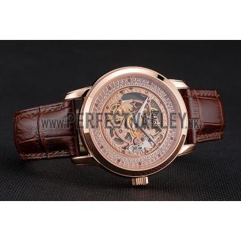 Replica Swiss Piaget Altiplano Rose Gold Skeleton Dial With Diamonds Rose Gold Case Brown Leather Strap