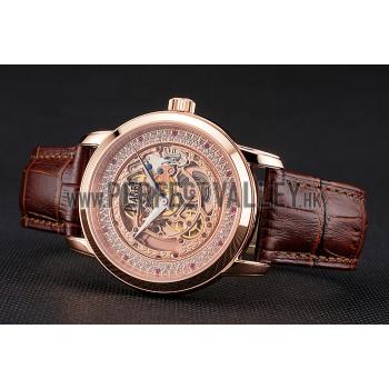 Replica Swiss Piaget Altiplano Rose Gold Skeleton Dial With Diamonds Rose Gold Case Brown Leather Strap