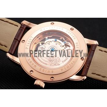 Replica Swiss Piaget Altiplano Rose Gold Skeleton Dial With Diamonds Rose Gold Case Brown Leather Strap