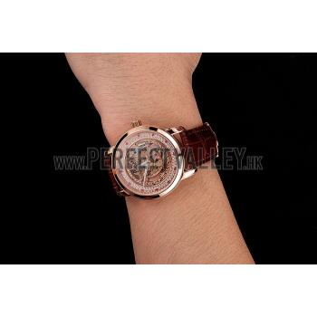 Replica Swiss Piaget Altiplano Rose Gold Skeleton Dial With Diamonds Rose Gold Case Brown Leather Strap